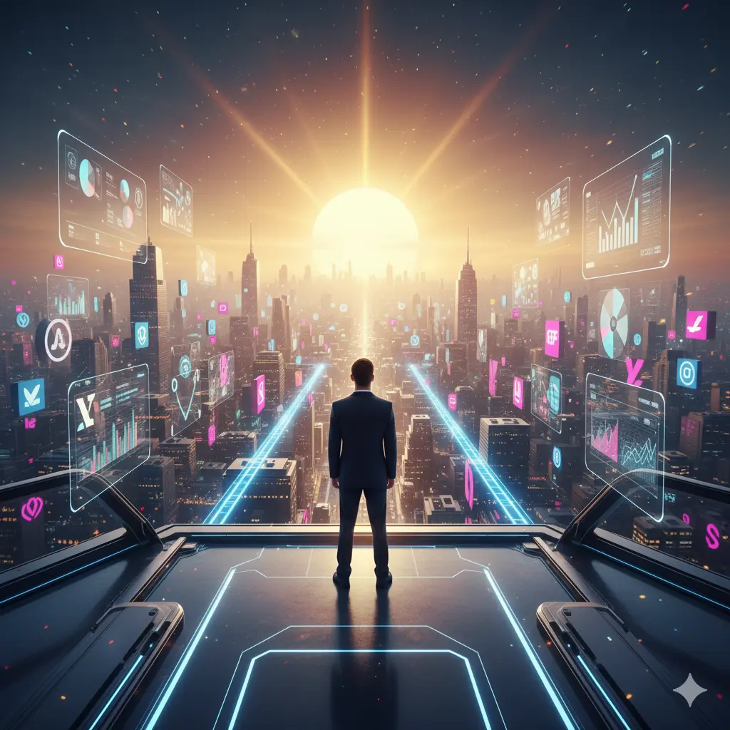 A solitary man in a dark business suit stands on a futuristic, neon-lit viewing platform, overlooking a vast, modern city skyline at sunset. The sun is a large, bright orb on the horizon, radiating a warm glow. Surrounding the man are multiple translucent, holographic screens displaying business graphs, data charts, and various icons in vibrant pink, blue, and white. The image conveys a powerful scene of global strategy, business oversight, and technological command over an urban landscape.