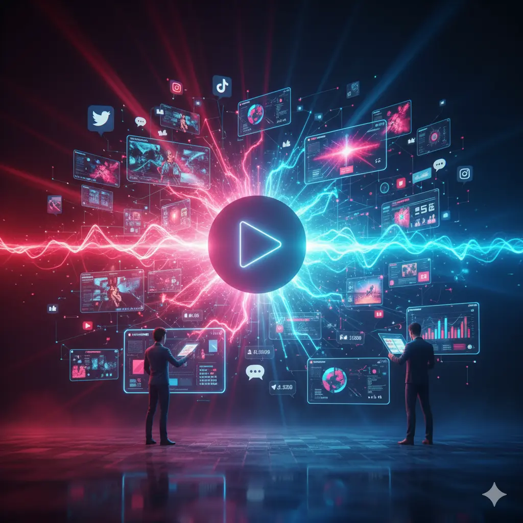 A dynamic, futuristic image representing digital video marketing and social media engagement. Two people in business attire stand facing a large, glowing Play button icon at the center. This icon acts as an energetic nexus, splitting into two massive, pulsing energy streams: one neon red on the left and one electric blue on the right. Both streams are surrounded by a cloud of holographic screens display in various forms of digital content, social media platform logos (like TikTok and Twitter), data, and video previews. The overall impression is one of massive, high-speed information flow and video marketing power.