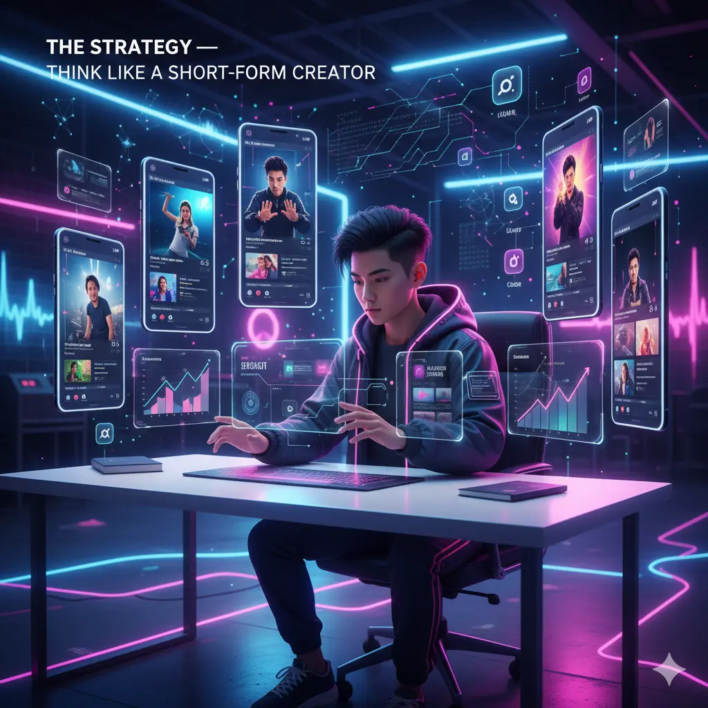 A young man sits at a desk in a dark, futuristic office, illuminated by vibrant neon blue and pink light trails. He is focused on a keyboard and surrounded by holographic projections of mobile phone screens and digital data graphs. The phone screens display short-form video content and creator profiles, emphasizing a strategy for success. The text at the top left corner reads: THE STRATEGY — THINK LIKE A SHORT-FORM CREATOR . The overall aesthetic is one of digital media, content creation, and technology-driven strategy.