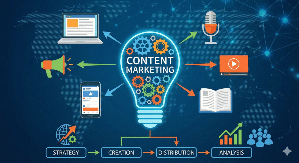 Infographic displaying a central lightbulb labeled 'Content Marketing' surrounded by icons for video, podcasts, and analytics, visualizing key strategies in a Beginner's Guide to Digital Marketing