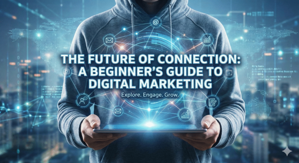 Futuristic digital illustration of a person holding a tablet that projects a glowing holographic network map displaying the title A Beginner's Guide to Digital Marketing: The Future of Connection.